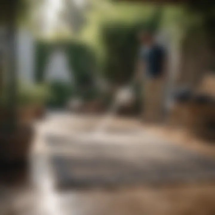 A person washing an area rug in a spacious outdoor area