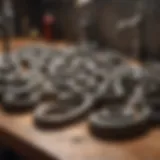 Various types of plumbing snakes displayed on a workbench