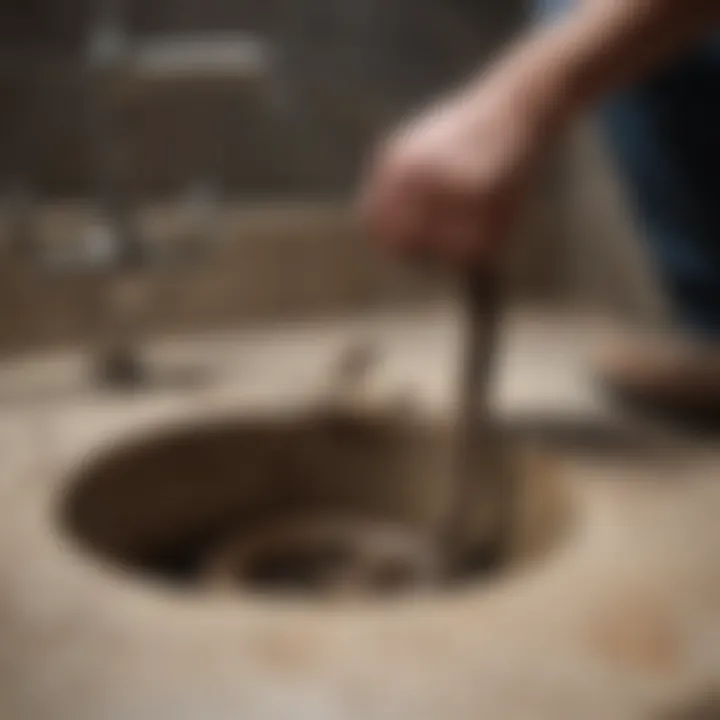 Plumber using a snake to clear a drain