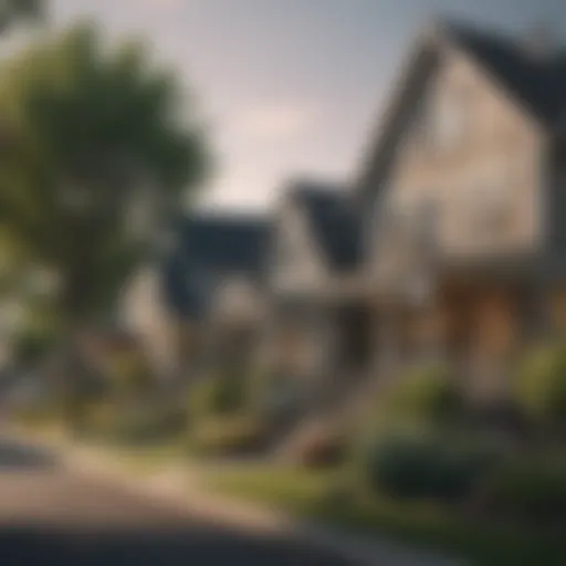 A serene residential neighborhood showing houses for rent and sale signs