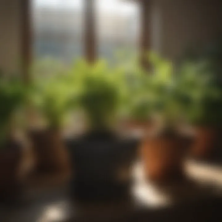 Sunlight shining on an array of potted vegetables