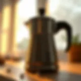 A sparkling clean coffee pot reflecting sunlight
