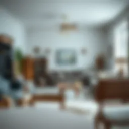 A cluttered living room filled with various items and dust