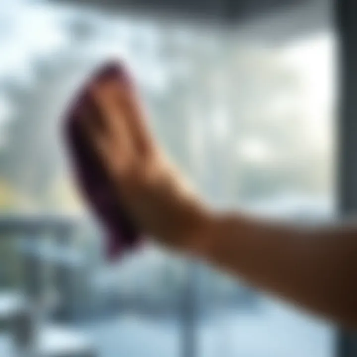 Technique in Action Close-up of a window being cleaned with a microfiber cloth, showcasing effective techniques.