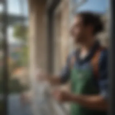 A person demonstrating the technique of cleaning outdoor windows