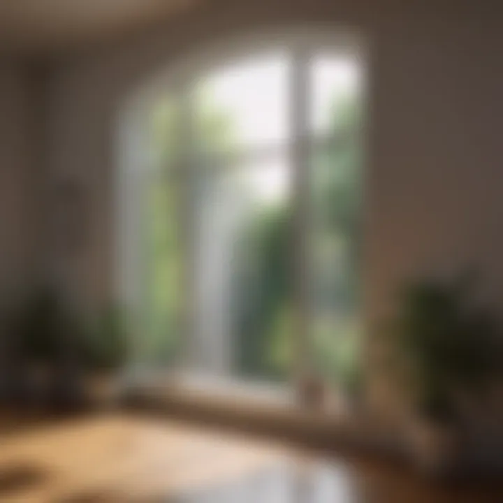 A clean window reflecting sunlight with a beautiful view outside