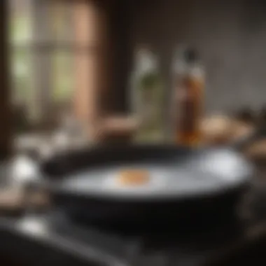 Natural Cleaners for Cast Iron Care Close-up of natural cleaning agents like salt and oil next to a cast iron skillet.