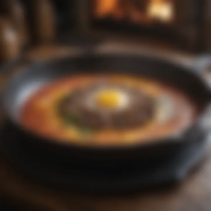 A detailed look at the seasoning layers upon a cast iron skillet illustrating its durability.