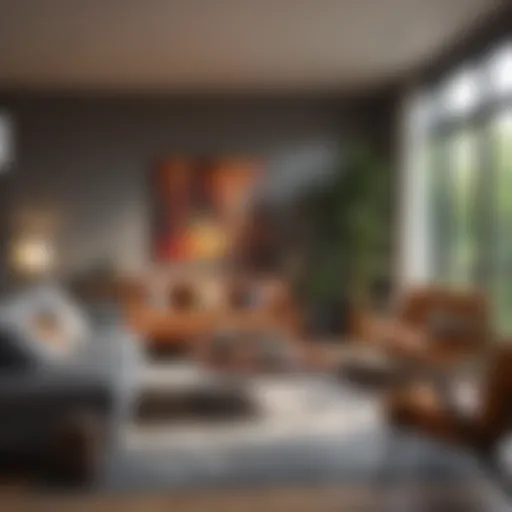 A beautifully designed communal living room with modern furnishings and vibrant decor