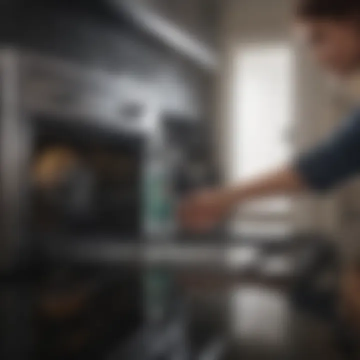 Person applying cleaning solution to a glass top oven