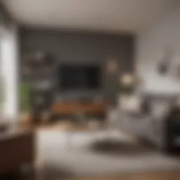 A pristine living room with organized furniture and decor