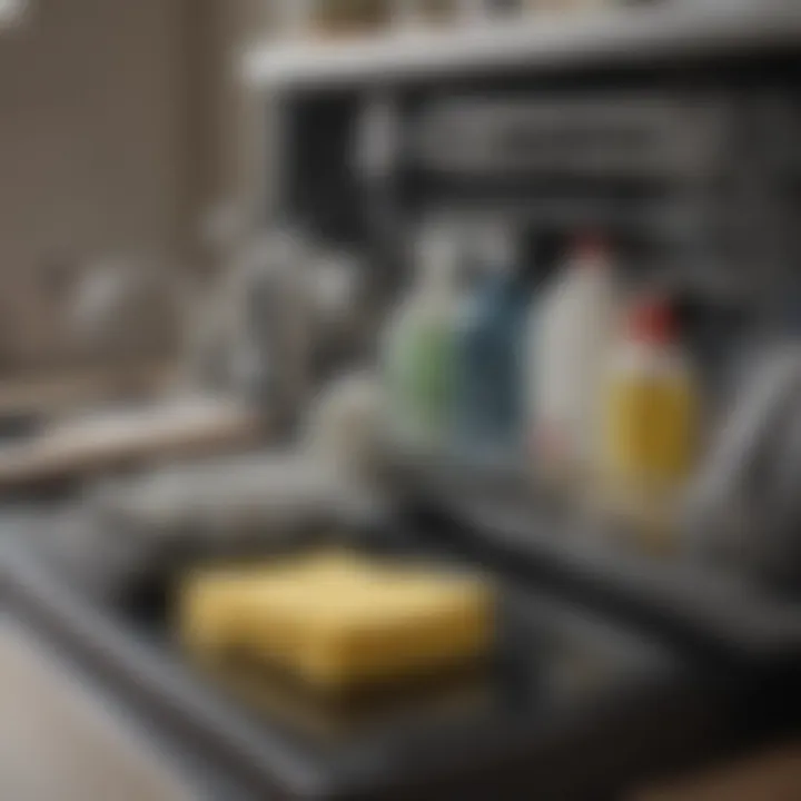 Close-up of cleaning agents and tools arranged for dishwasher maintenance