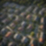 Aerial view of residential properties showcasing for sale and for rent signs