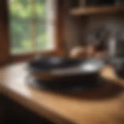A well-maintained iron skillet on a wooden countertop