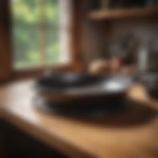 A well-maintained iron skillet on a wooden countertop