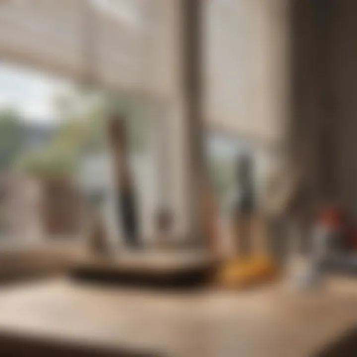 Image of various tools for cleaning blinds arranged on a surface