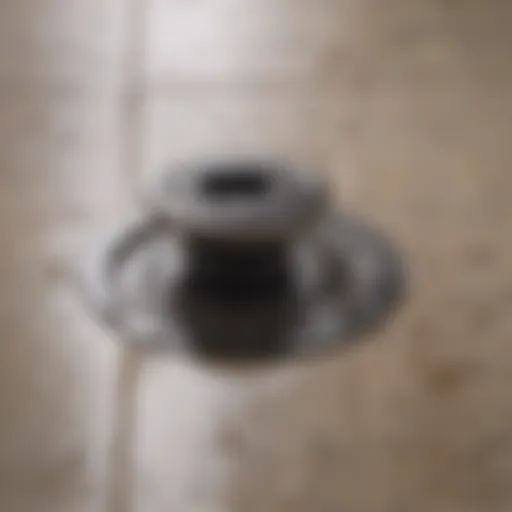 Close-up view of a shower drain clogged with hair