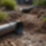 Close-up of a clogged drainage pipe with debris