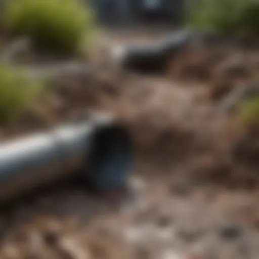 Close-up of a clogged drainage pipe with debris