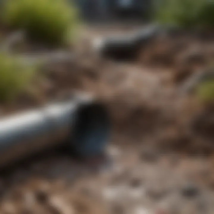 Close-up of a clogged drainage pipe with debris