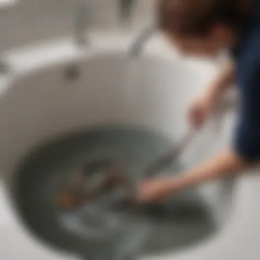 DIY Method for Clearing a Clogged Drain A person demonstrating a DIY method to clear a clogged drain using a plumbing snake.