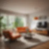 A spacious living room featuring iconic Mid Century Modern furniture with clean lines.