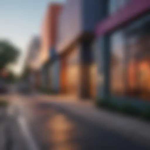 A picturesque view of a colorful street in an Austin neighborhood showcasing modern architecture.