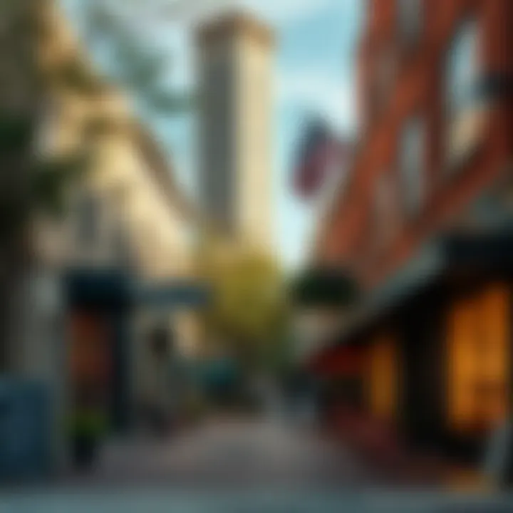 Vibrant urban street with cafes and shops