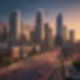 Panoramic view of downtown Los Angeles showcasing modern skyscrapers and vibrant city life