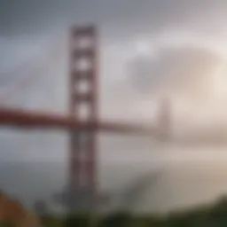 A picturesque view of the iconic Golden Gate Bridge shrouded in fog