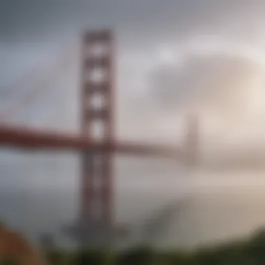 Golden Gate Bridge: A San Francisco Landmark A picturesque view of the iconic Golden Gate Bridge shrouded in fog