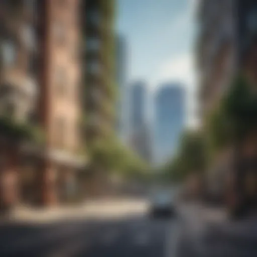 A panoramic view of a vibrant urban neighborhood showcasing modern architecture and green spaces