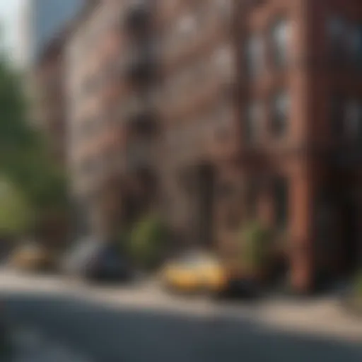A vibrant street view showcasing the architectural diversity of a NYC neighborhood
