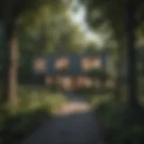A serene neighborhood showcasing a hidden property between tall trees