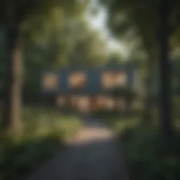 A serene neighborhood showcasing a hidden property between tall trees