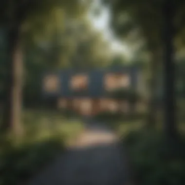 A serene neighborhood showcasing a hidden property between tall trees