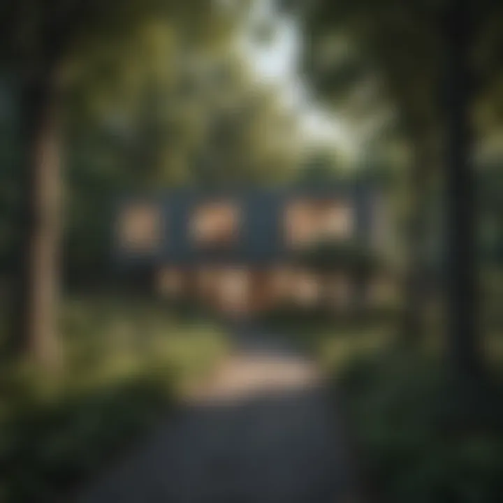 A serene neighborhood showcasing a hidden property between tall trees