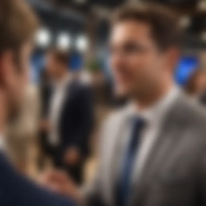 A close-up of a real estate agent networking at a busy event.