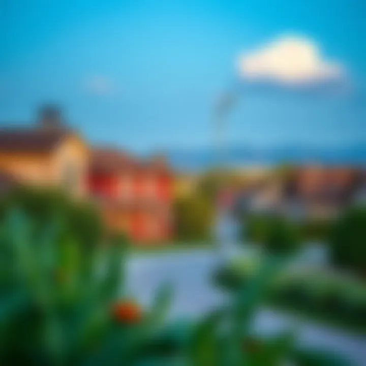 A picturesque view of a charming neighborhood in a low-cost city showcasing affordable homes and green spaces