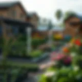 A serene landscape showcasing a community garden filled with diverse plants and flowers.