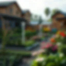 A serene landscape showcasing a community garden filled with diverse plants and flowers.