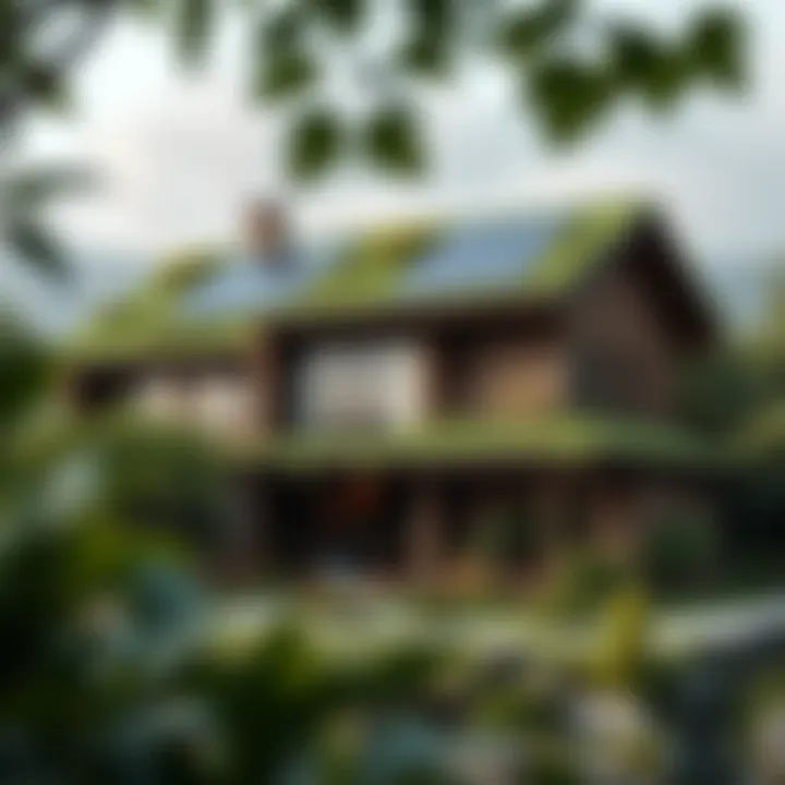 An innovative eco-friendly home featuring solar panels and green roofs surrounded by nature.