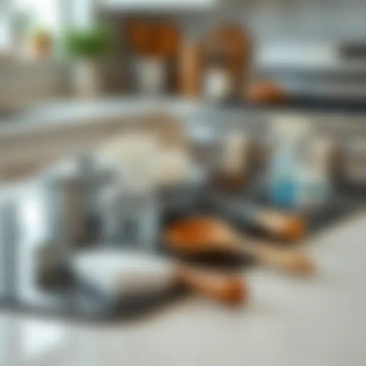 Essential cleaning tools laid out on a kitchen counter.