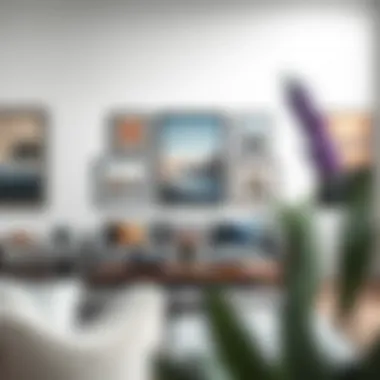 Art pieces arranged in a balanced display over a modern sofa