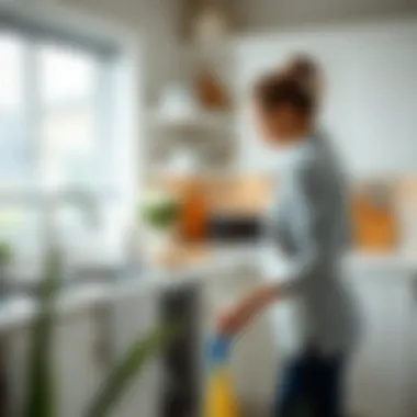 Professional cleaner organizing a kitchen space