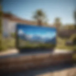 A pristine outdoor TV screen reflecting a clear blue sky