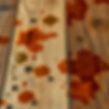 A close-up of various stains on wood, highlighting the need for specific cleaning techniques