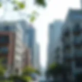 A serene urban neighborhood showcasing various apartment buildings.