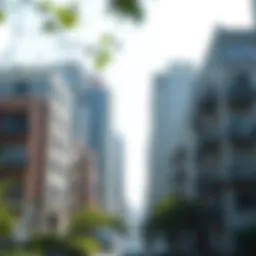 A serene urban neighborhood showcasing various apartment buildings.