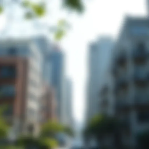 A serene urban neighborhood showcasing various apartment buildings.